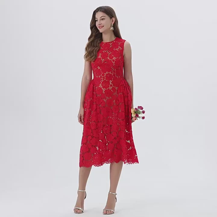 Crimson Bloom Lace Dress