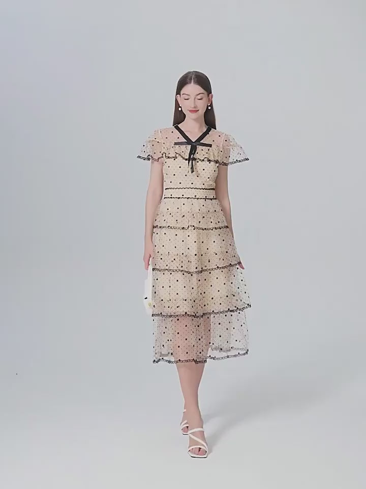 Midnight Dots Sheer Layered Midi Dress - 906831310848_APRICOT