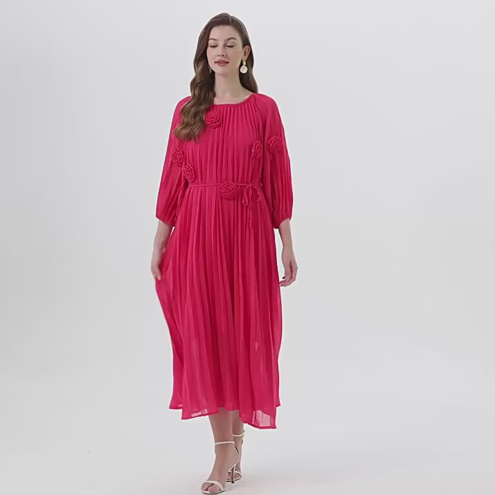 Rose Radiance Pleated Chiffon Dress - 906472342218_ROSERED