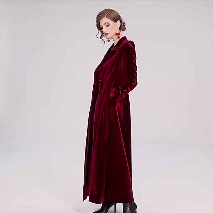 Statement Scarlet Velvet Overcoat with Grand Lapels and Pocket - 606995540252_RED