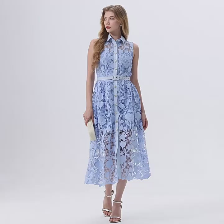 Sky Blossom Sleeveless Lace Midi Dress - 919430221311_BLUE