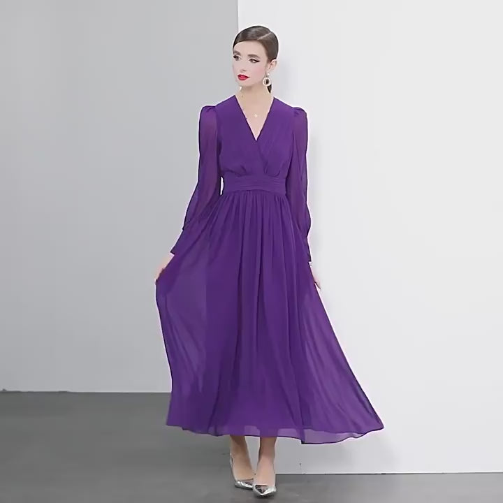 Lantern Sleeve Heat Set Pleated Bust Detailing V-Neck Chiffon Dress - 833281815952_PUR