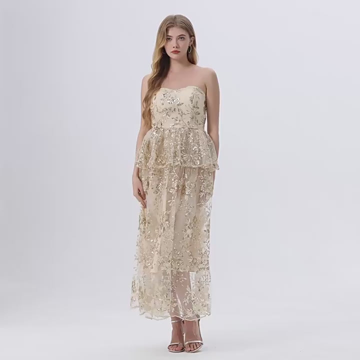 Champagne Gold Floral Sequin Tiered Maxi Dress