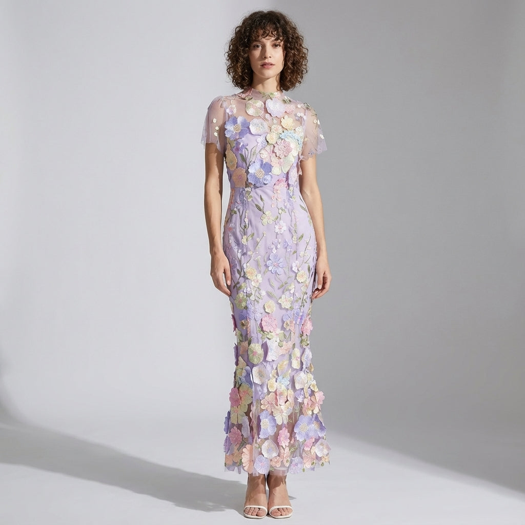 Intricate Floral Embroidery Mesh Fishtail Violet Dress - 810908122798_VIO