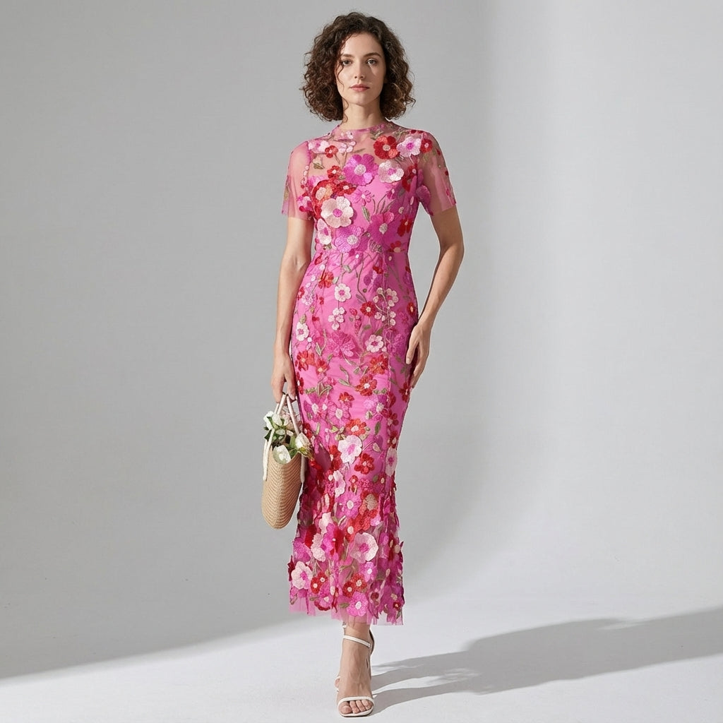 Intricate Floral Embroidery Mesh Fishtail Rose Red Dress - 810908122798_ROS