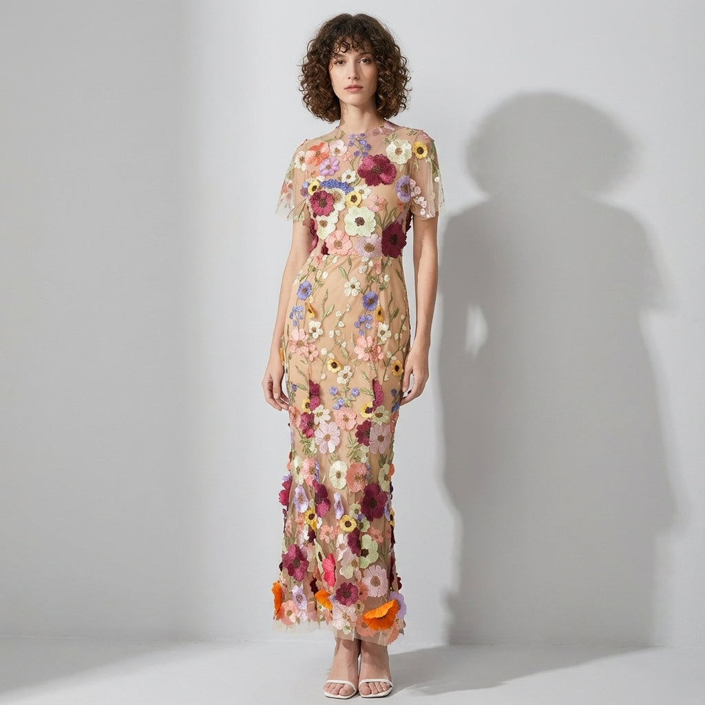 Intricate Floral Embroidery Mesh Fishtail Apricot Dress - 810908122798_APR