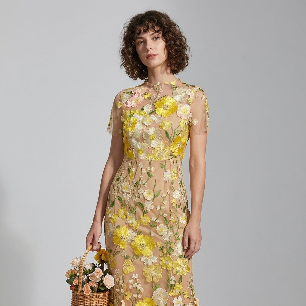 Intricate Floral Embroidery Mesh Fishtail Yellow Dress - 810908122798_YEL