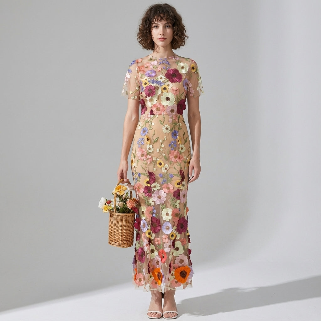 Intricate Floral Embroidery Mesh Fishtail Apricot Dress - 810908122798_APR