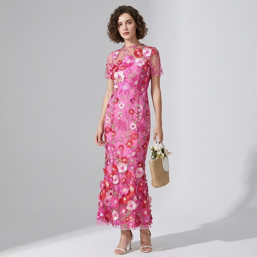 Intricate Floral Embroidery Mesh Fishtail Rose Red Dress - 810908122798_ROS