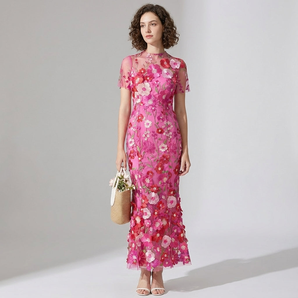 Intricate Floral Embroidery Mesh Fishtail Rose Red Dress - 810908122798_ROS