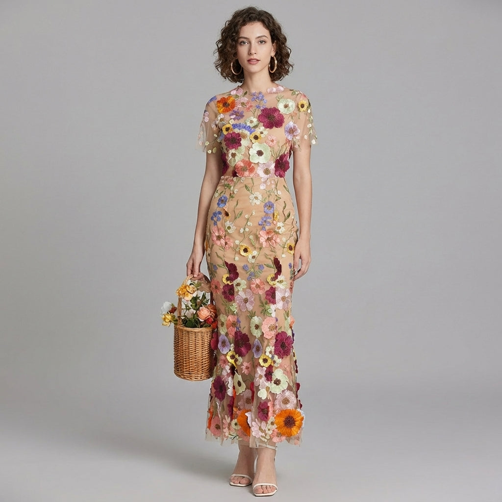 Intricate Floral Embroidery Mesh Fishtail Apricot Dress - 810908122798_APR