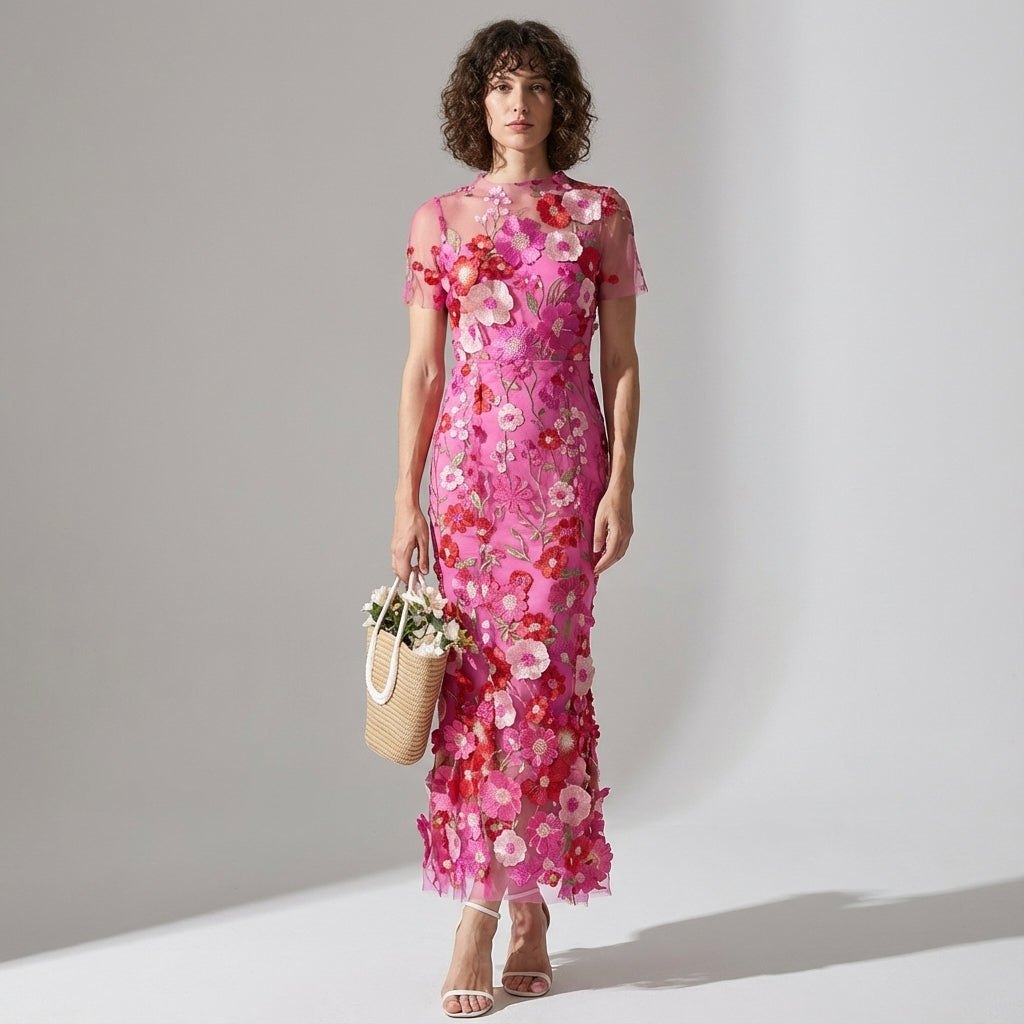 Intricate Floral Embroidery Mesh Fishtail Rose Red Dress - 810908122798_ROS