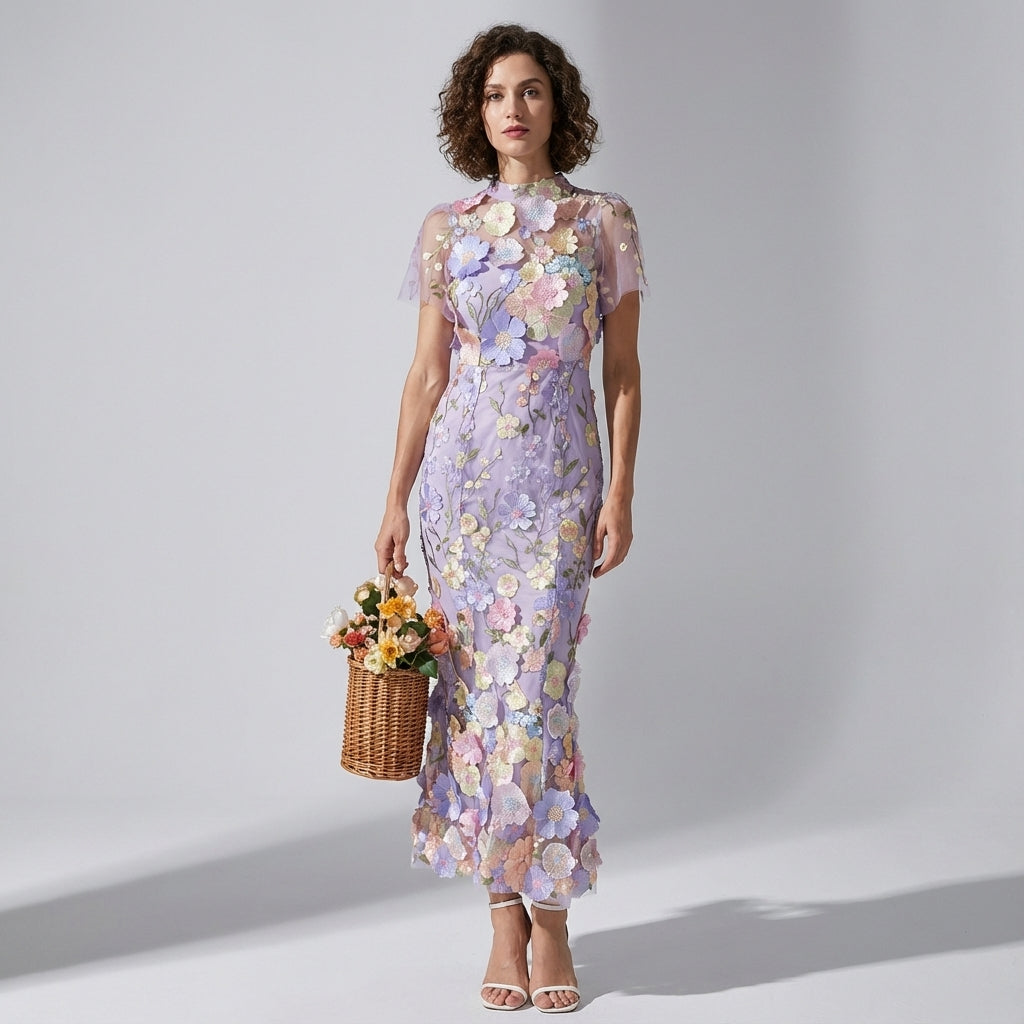 Intricate Floral Embroidery Mesh Fishtail Violet Dress - 810908122798_VIO