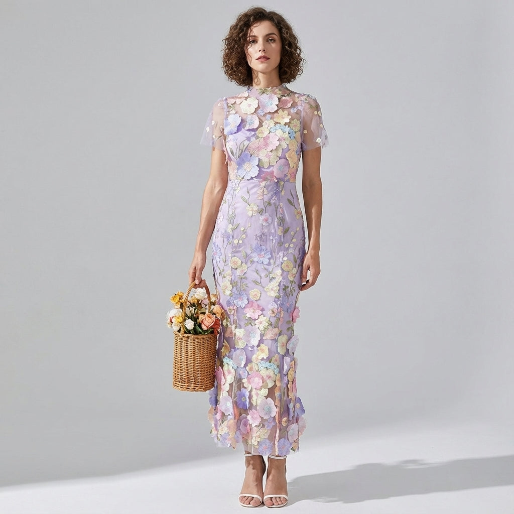 Intricate Floral Embroidery Mesh Fishtail Violet Dress - 810908122798_VIO