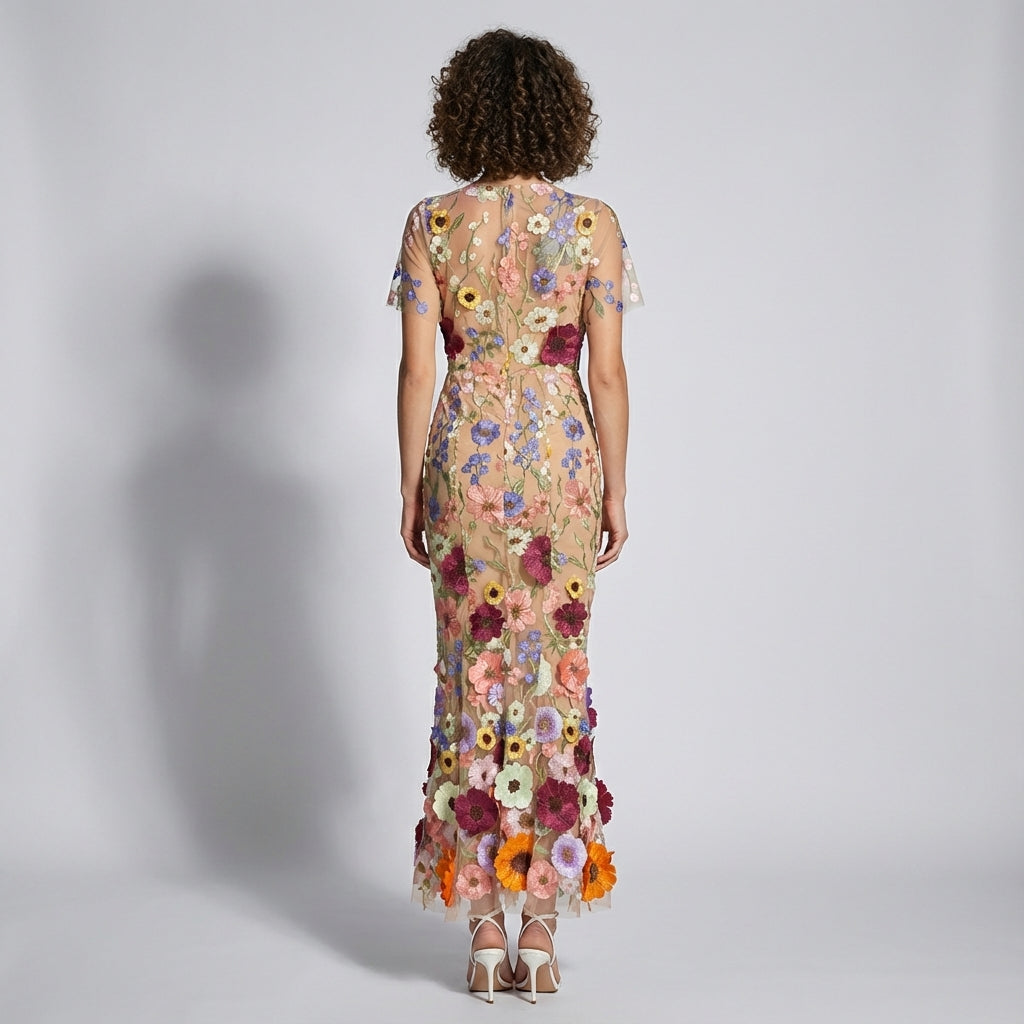 Intricate Floral Embroidery Mesh Fishtail Apricot Dress - 810908122798_APR
