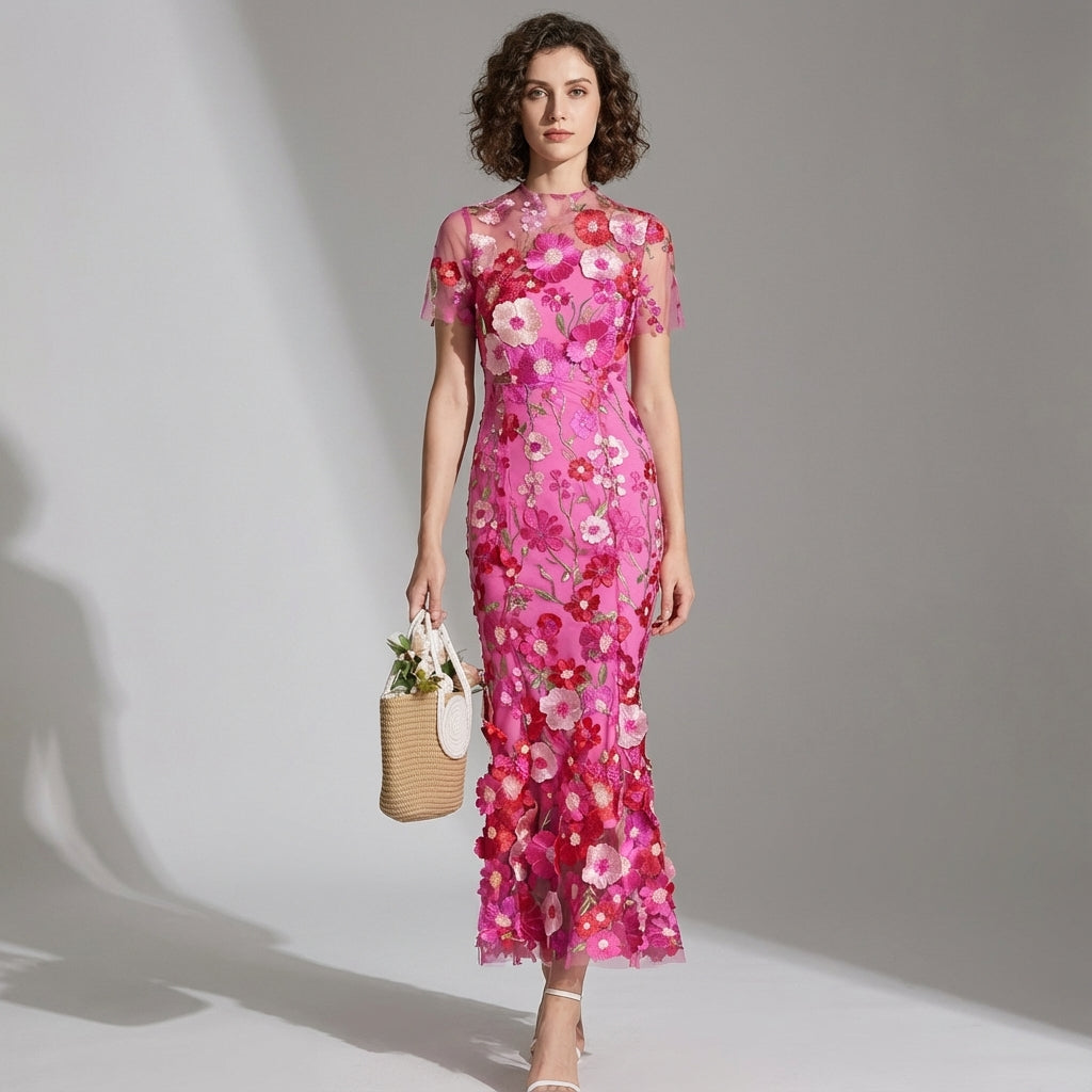 Intricate Floral Embroidery Mesh Fishtail Rose Red Dress - 810908122798_ROS