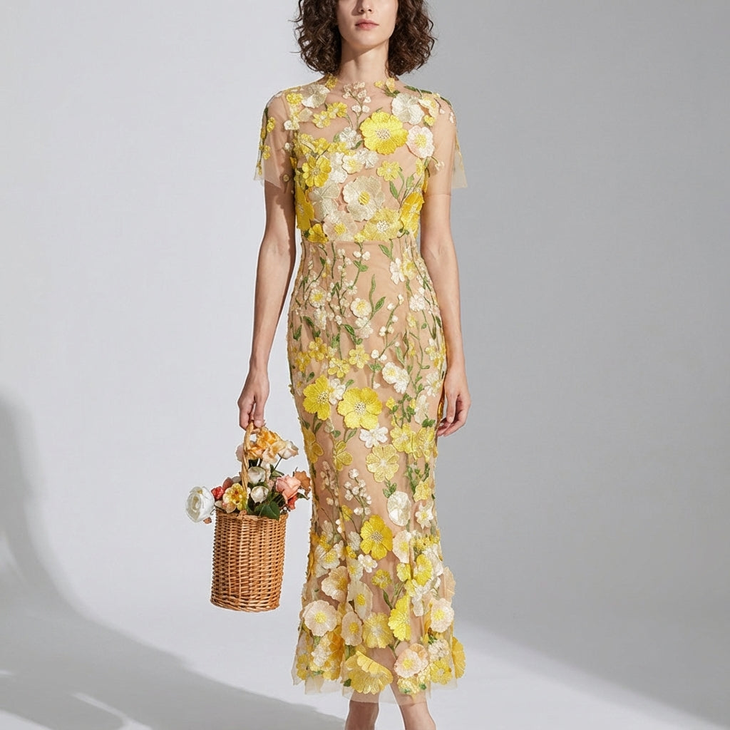 Intricate Floral Embroidery Mesh Fishtail Yellow Dress - 810908122798_YEL