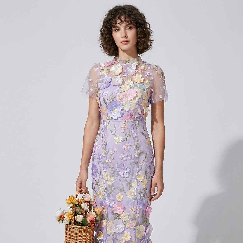 Intricate Floral Embroidery Mesh Fishtail Violet Dress - 810908122798_VIO