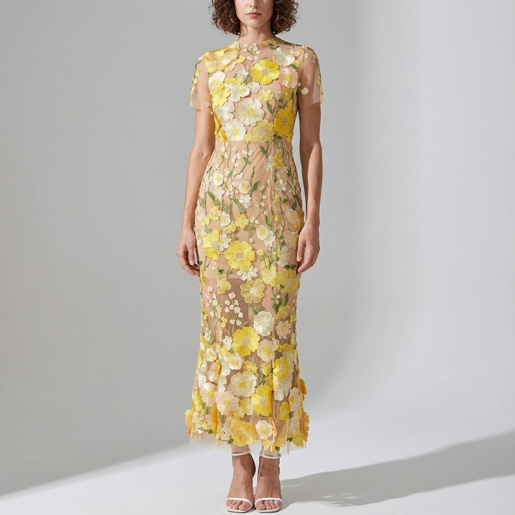 Intricate Floral Embroidery Mesh Fishtail Yellow Dress - 810908122798_YEL