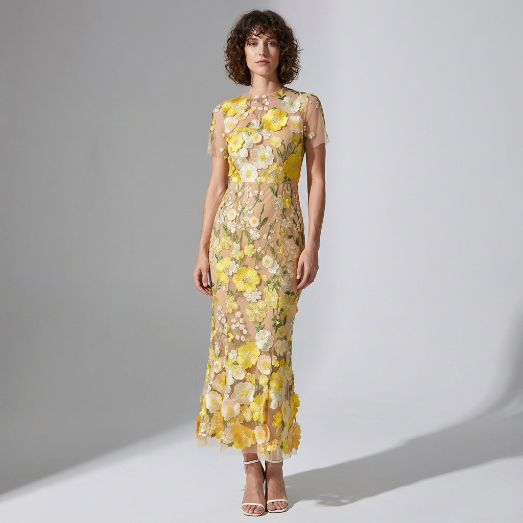 Intricate Floral Embroidery Mesh Fishtail Yellow Dress - 810908122798_YEL