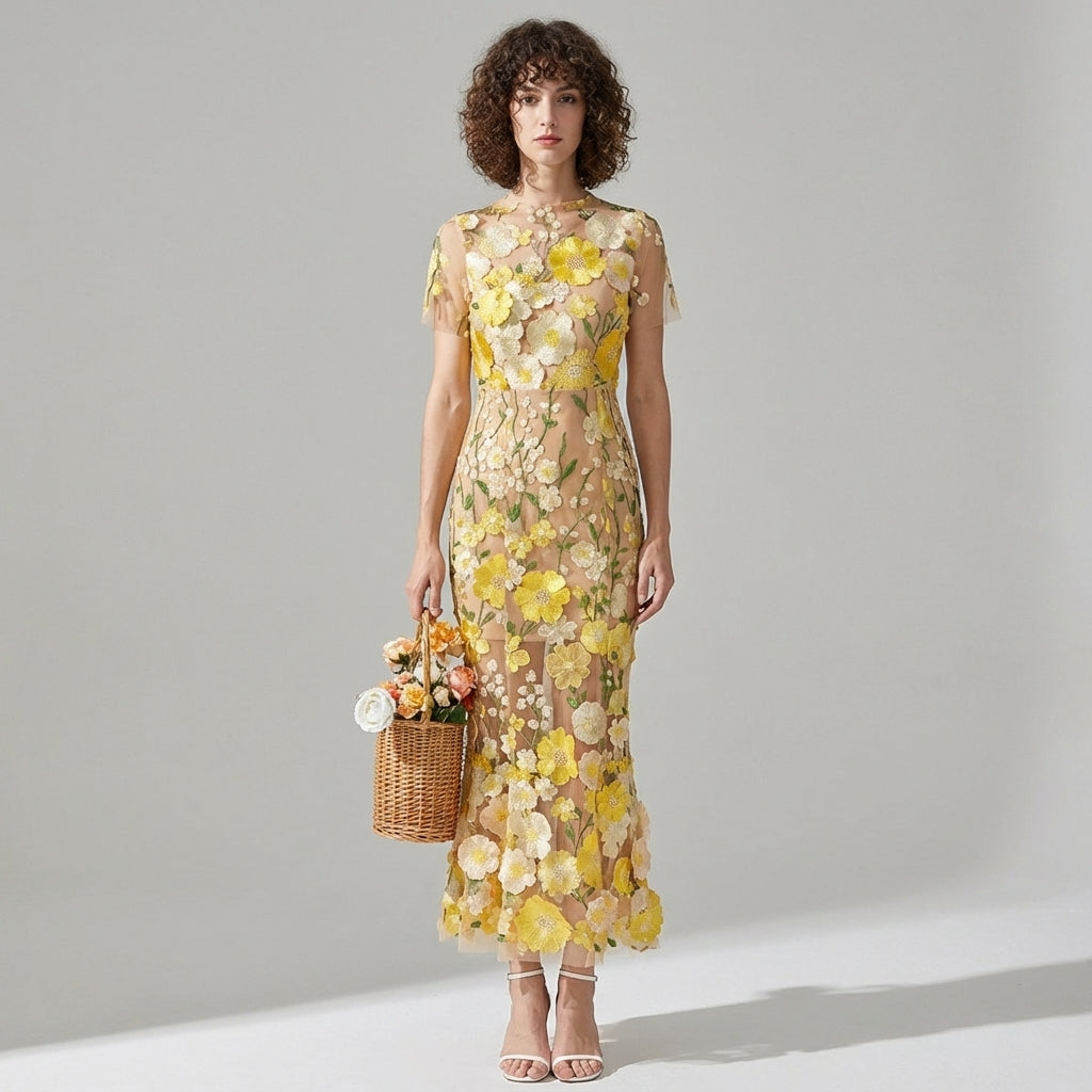 Intricate Floral Embroidery Mesh Fishtail Yellow Dress - 810908122798_YEL