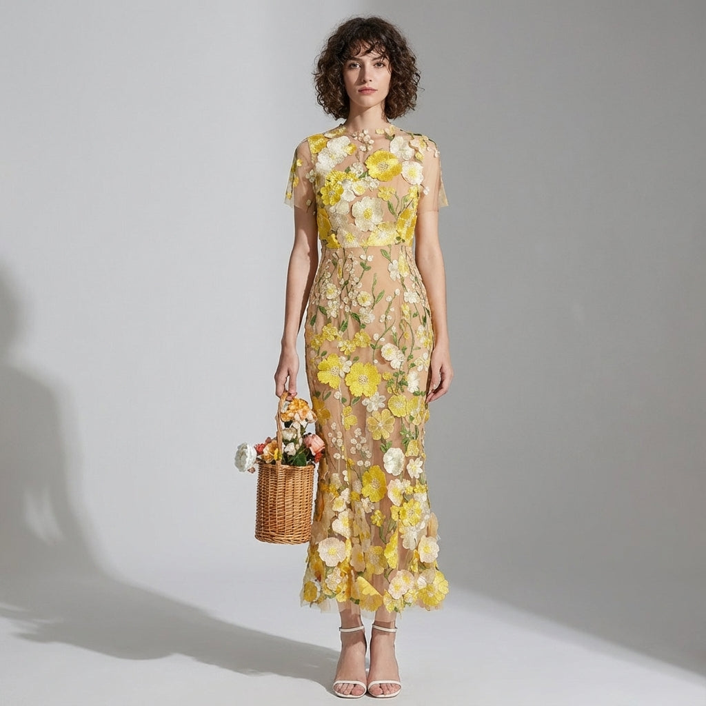 Intricate Floral Embroidery Mesh Fishtail Yellow Dress - 810908122798_YEL