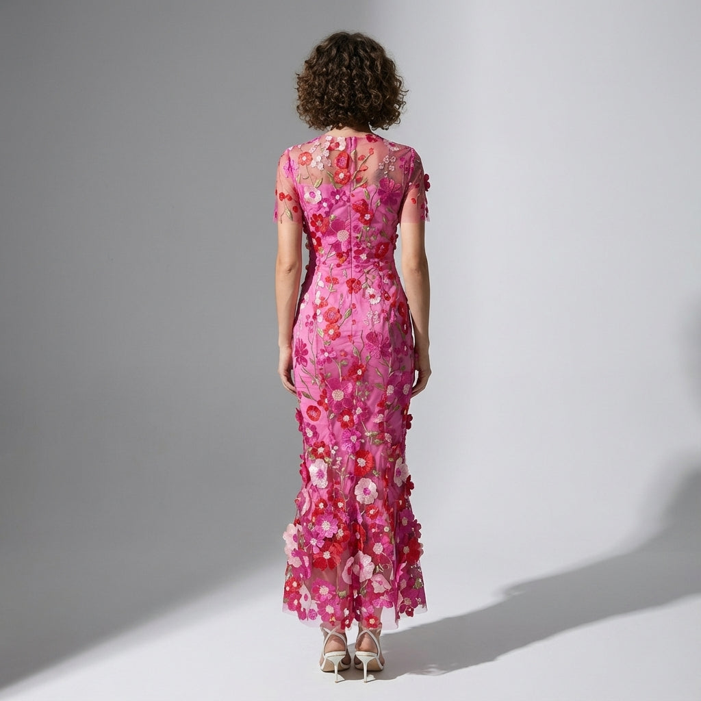 Intricate Floral Embroidery Mesh Fishtail Rose Red Dress - 810908122798_ROS