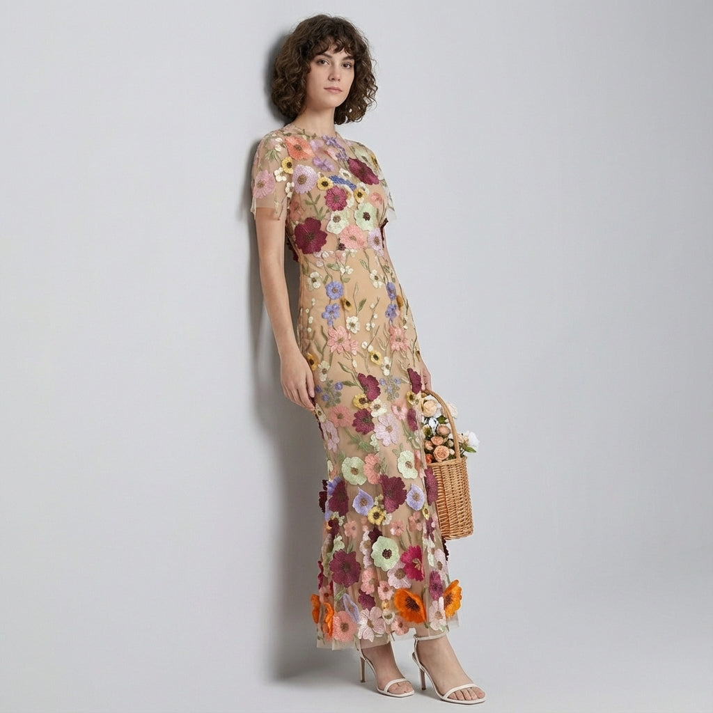 Intricate Floral Embroidery Mesh Fishtail Apricot Dress - 810908122798_APR