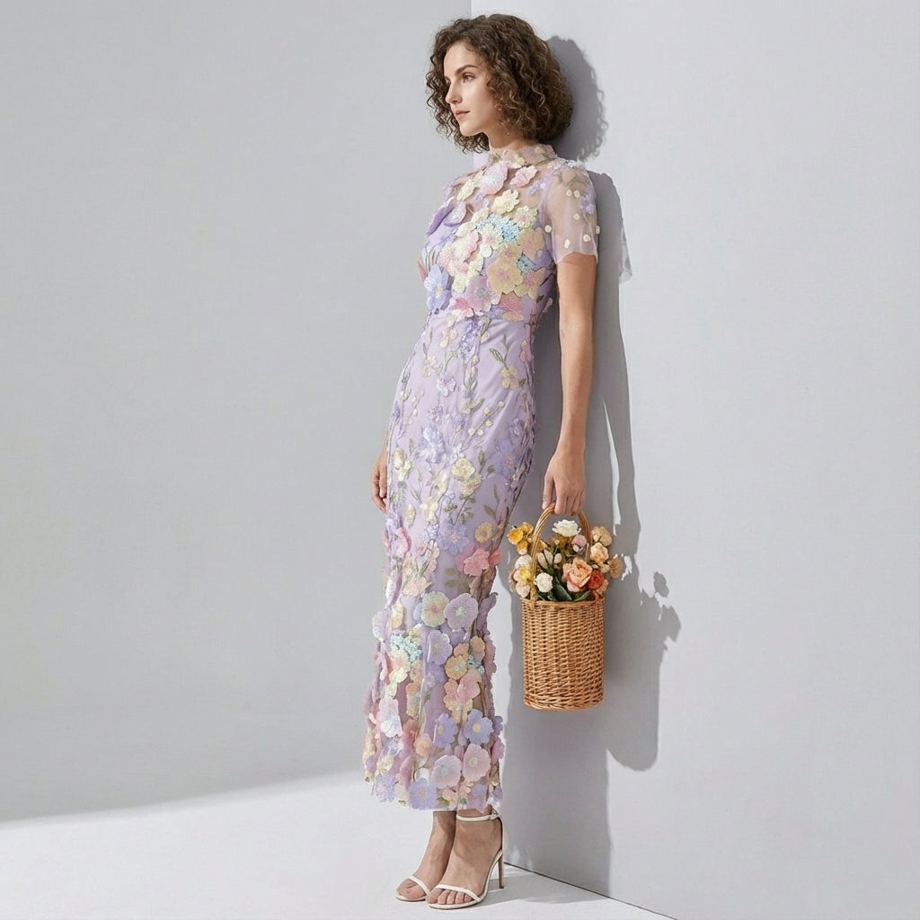 Intricate Floral Embroidery Mesh Fishtail Violet Dress - 810908122798_VIO