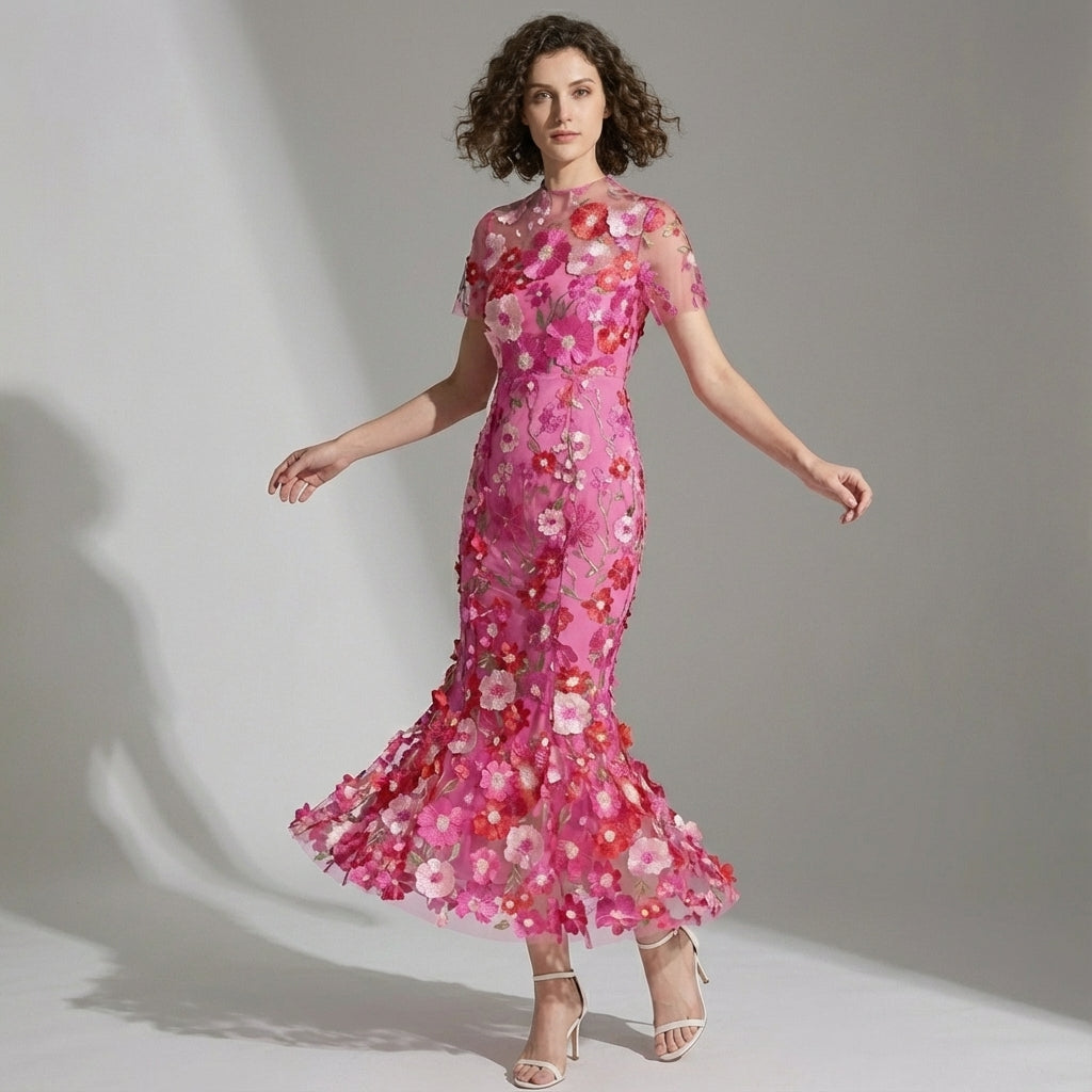 Intricate Floral Embroidery Mesh Fishtail Rose Red Dress - 810908122798_ROS