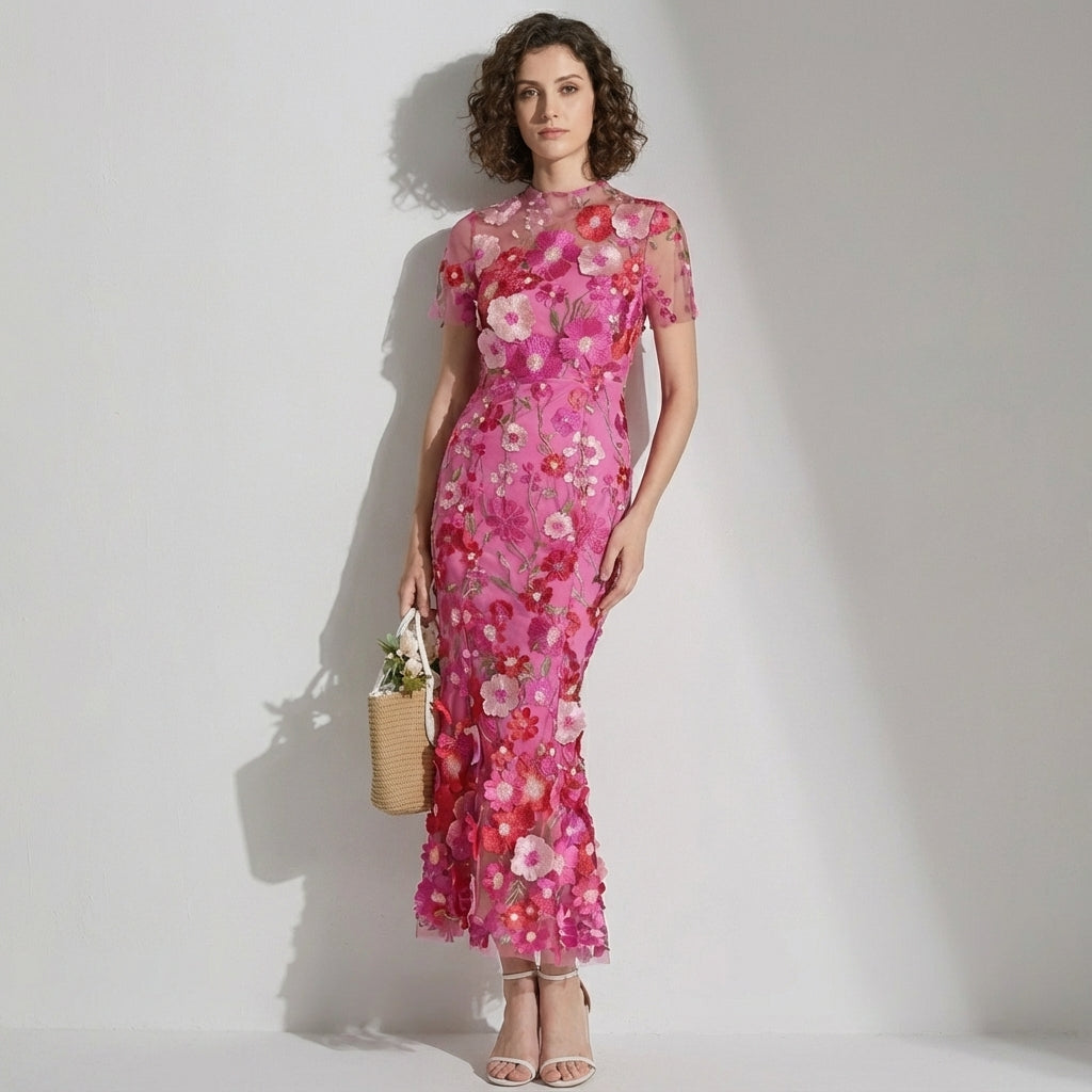 Intricate Floral Embroidery Mesh Fishtail Rose Red Dress - 810908122798_ROS