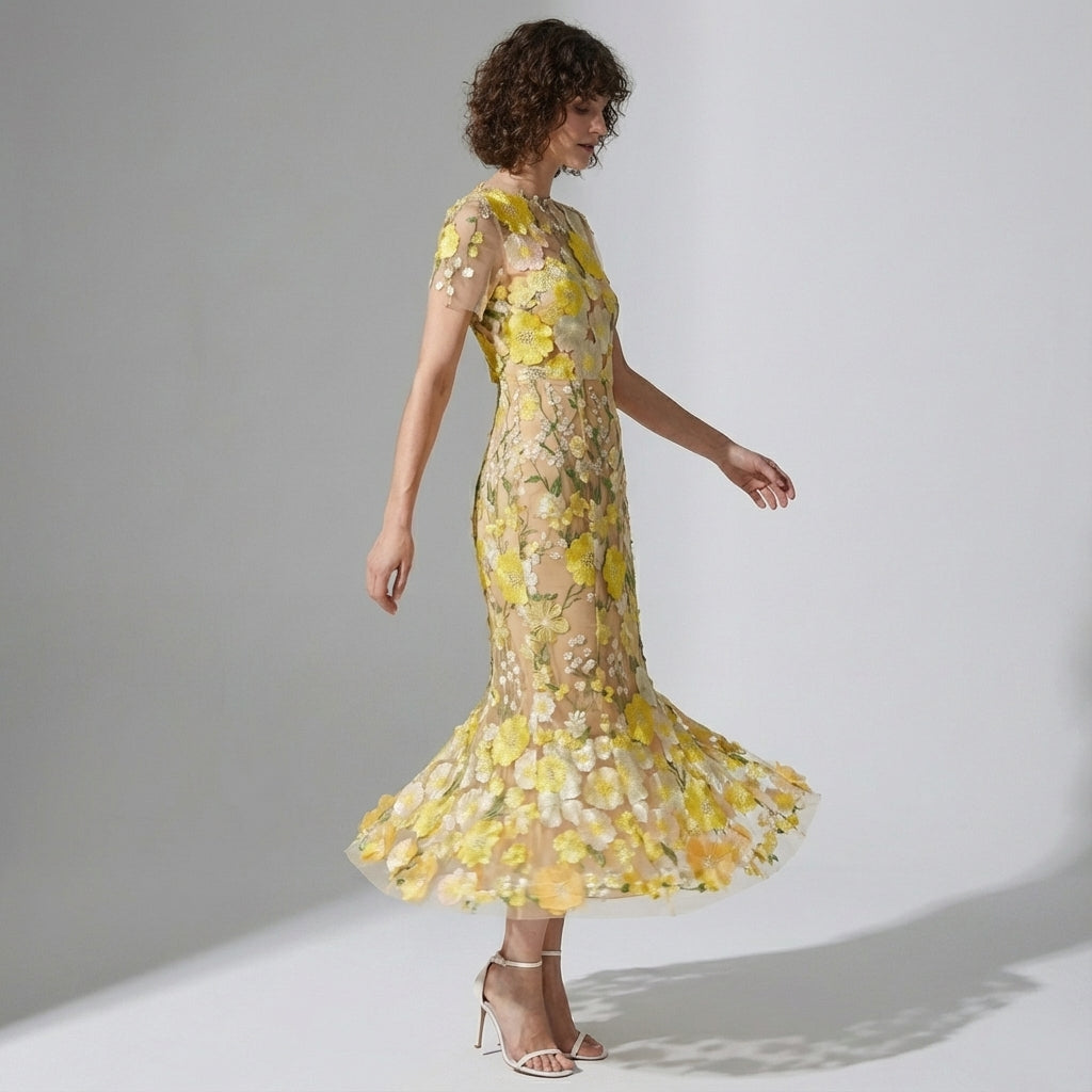 Intricate Floral Embroidery Mesh Fishtail Yellow Dress - 810908122798_YEL