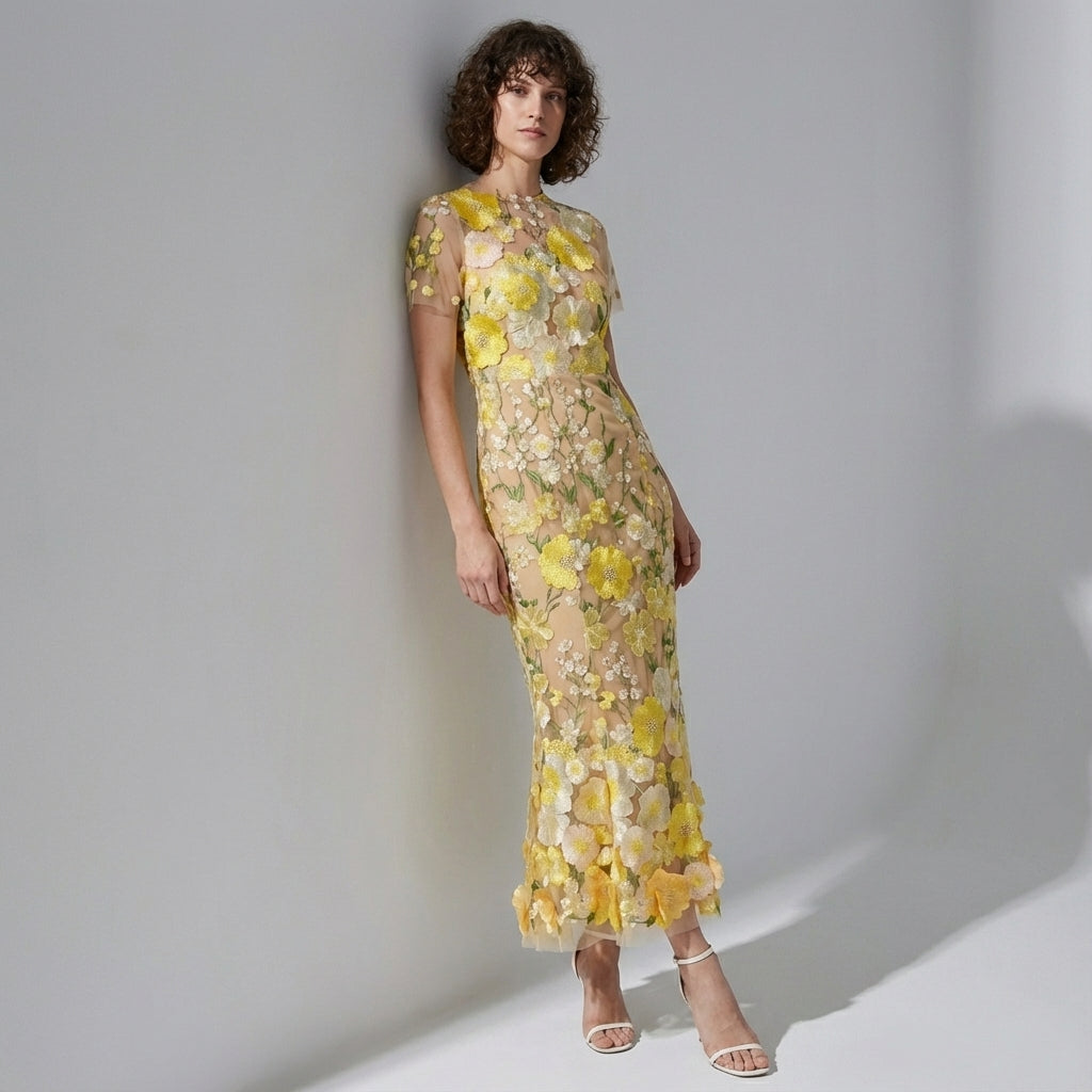 Intricate Floral Embroidery Mesh Fishtail Yellow Dress - 810908122798_YEL