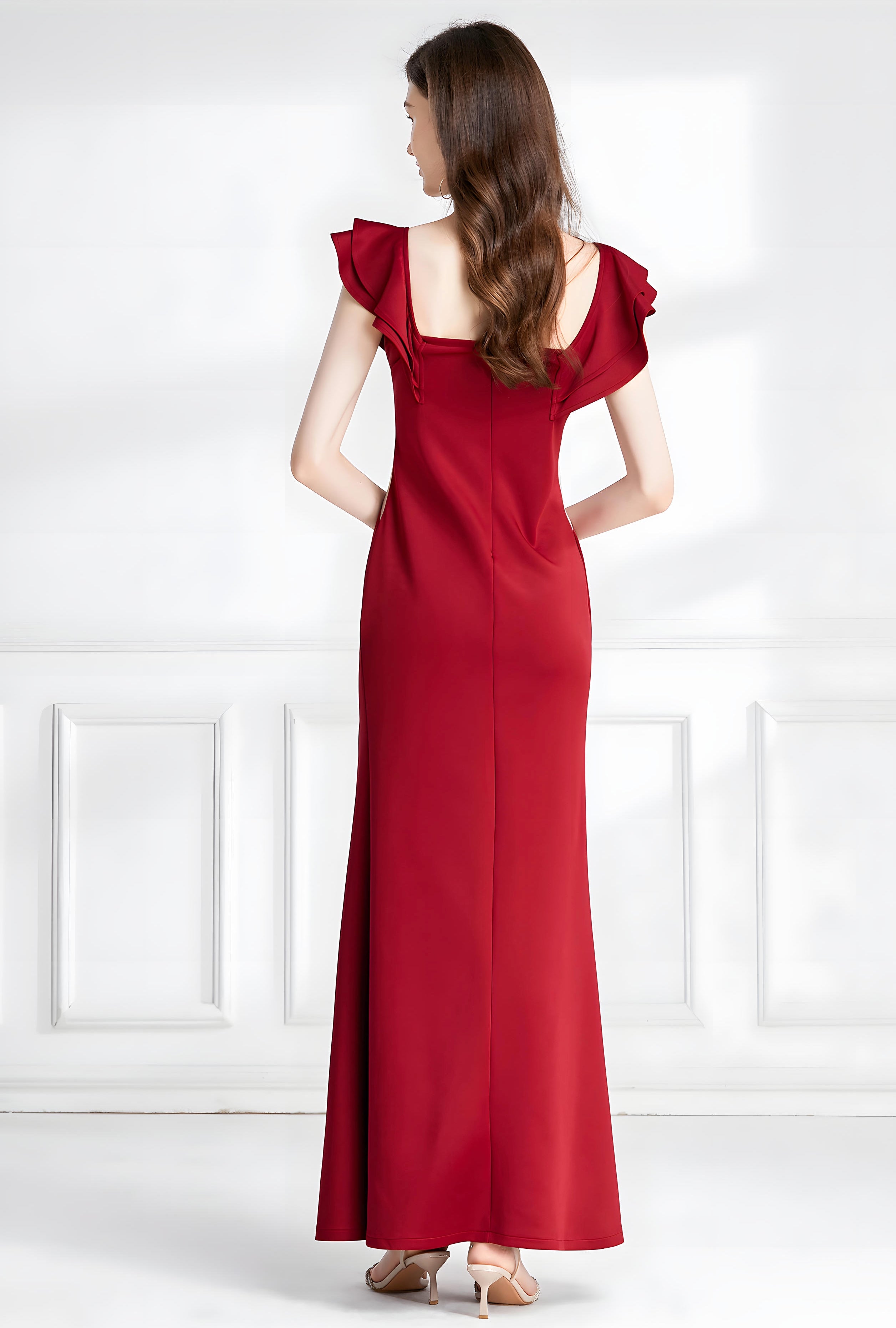 Fishtail Off-Shoulder Red Party Gown with Sheer Tulle Waist and Thigh-High Slit - 745687864069_RED