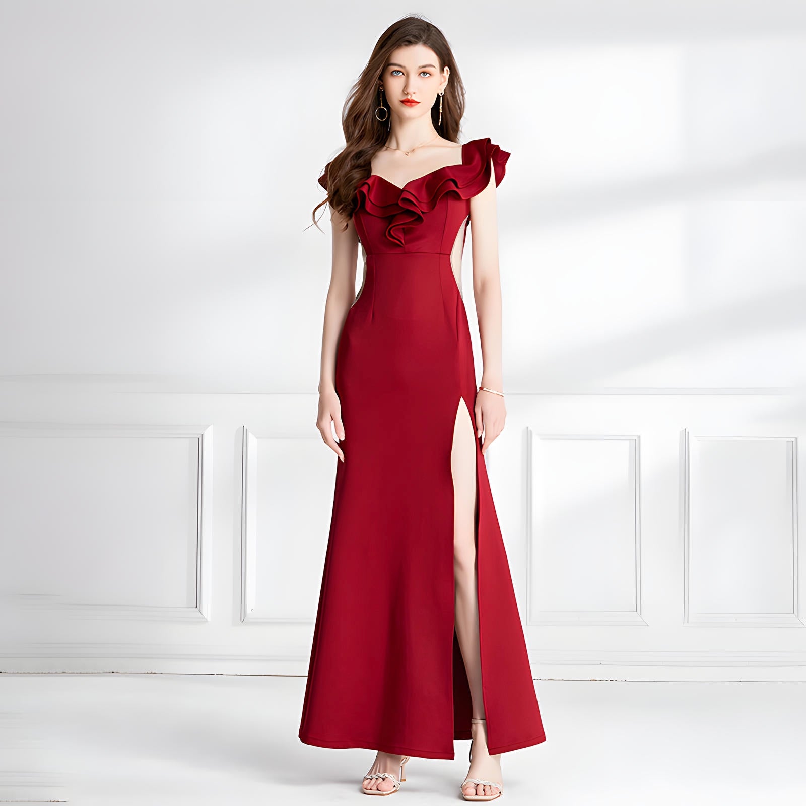 Fishtail Off-Shoulder Red Party Gown with Sheer Tulle Waist and Thigh-High Slit - 745687864069_RED