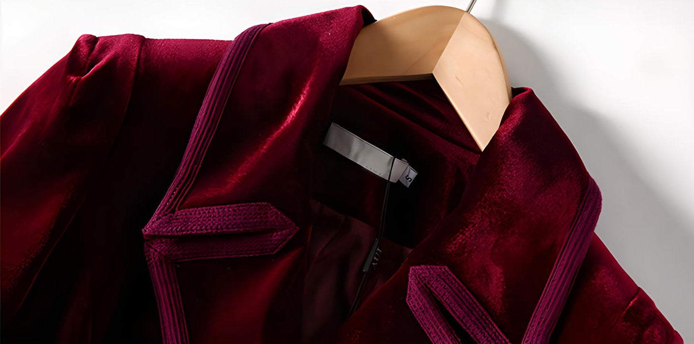 Statement Scarlet Velvet Overcoat with Grand Lapels and Pocket - 606995540252_RED