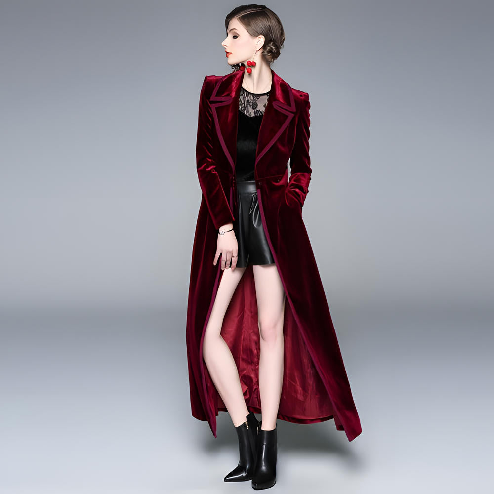 Statement Scarlet Velvet Overcoat with Grand Lapels and Pocket - 606995540252_RED