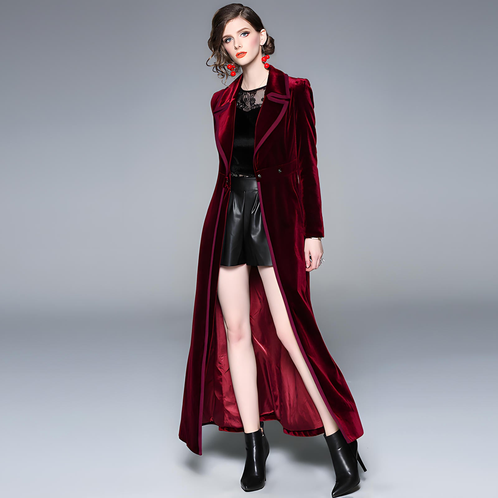 Statement Scarlet Velvet Overcoat with Grand Lapels and Pocket - 606995540252_RED