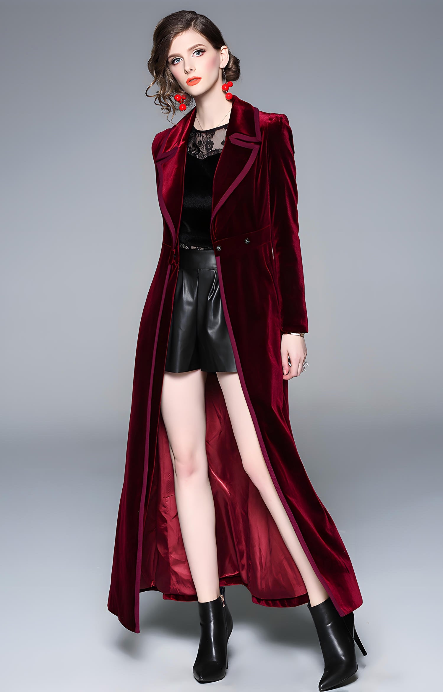 Statement Scarlet Velvet Overcoat with Grand Lapels and Pocket - 606995540252_RED