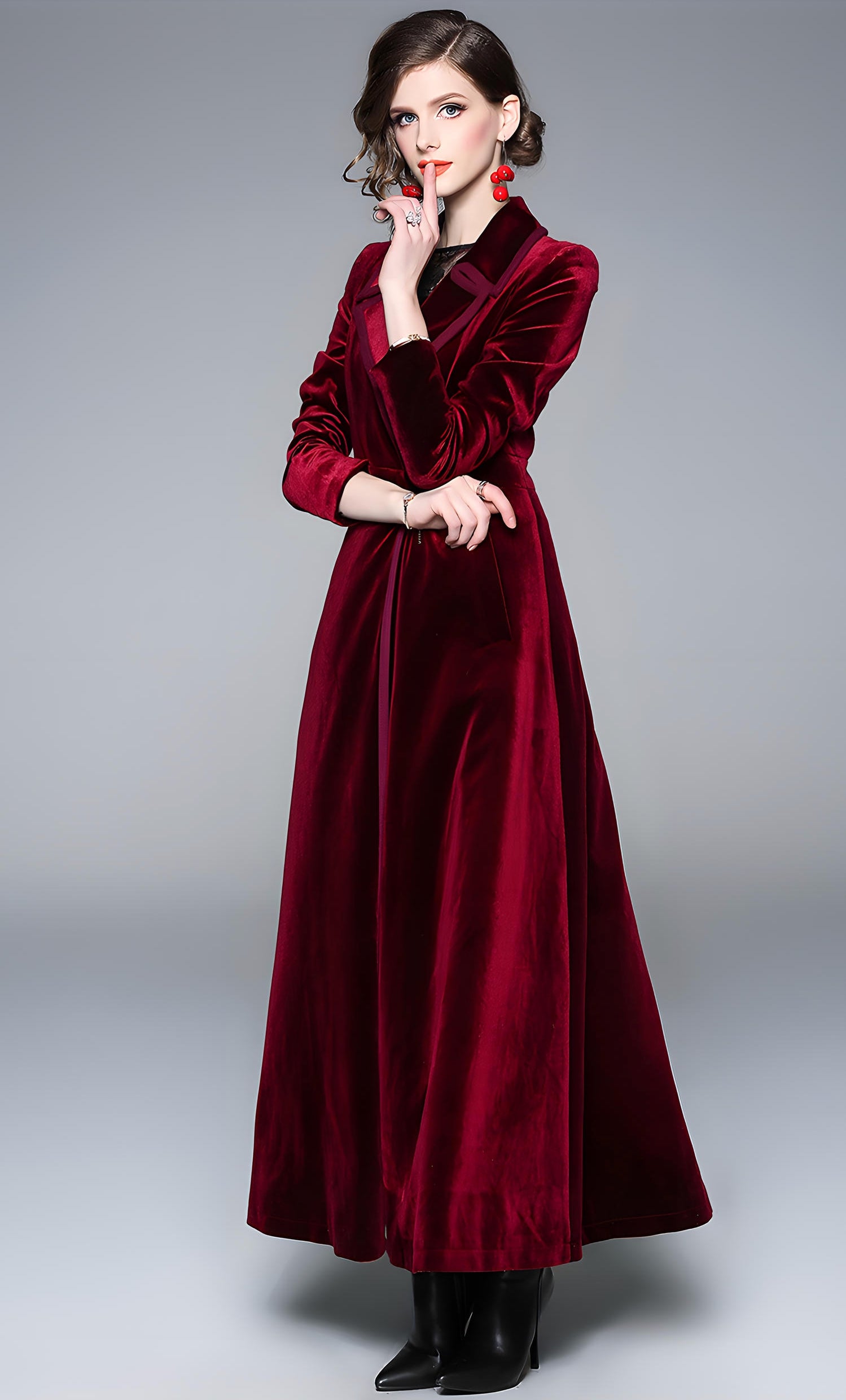 Statement Scarlet Velvet Overcoat with Grand Lapels and Pocket - 606995540252_RED