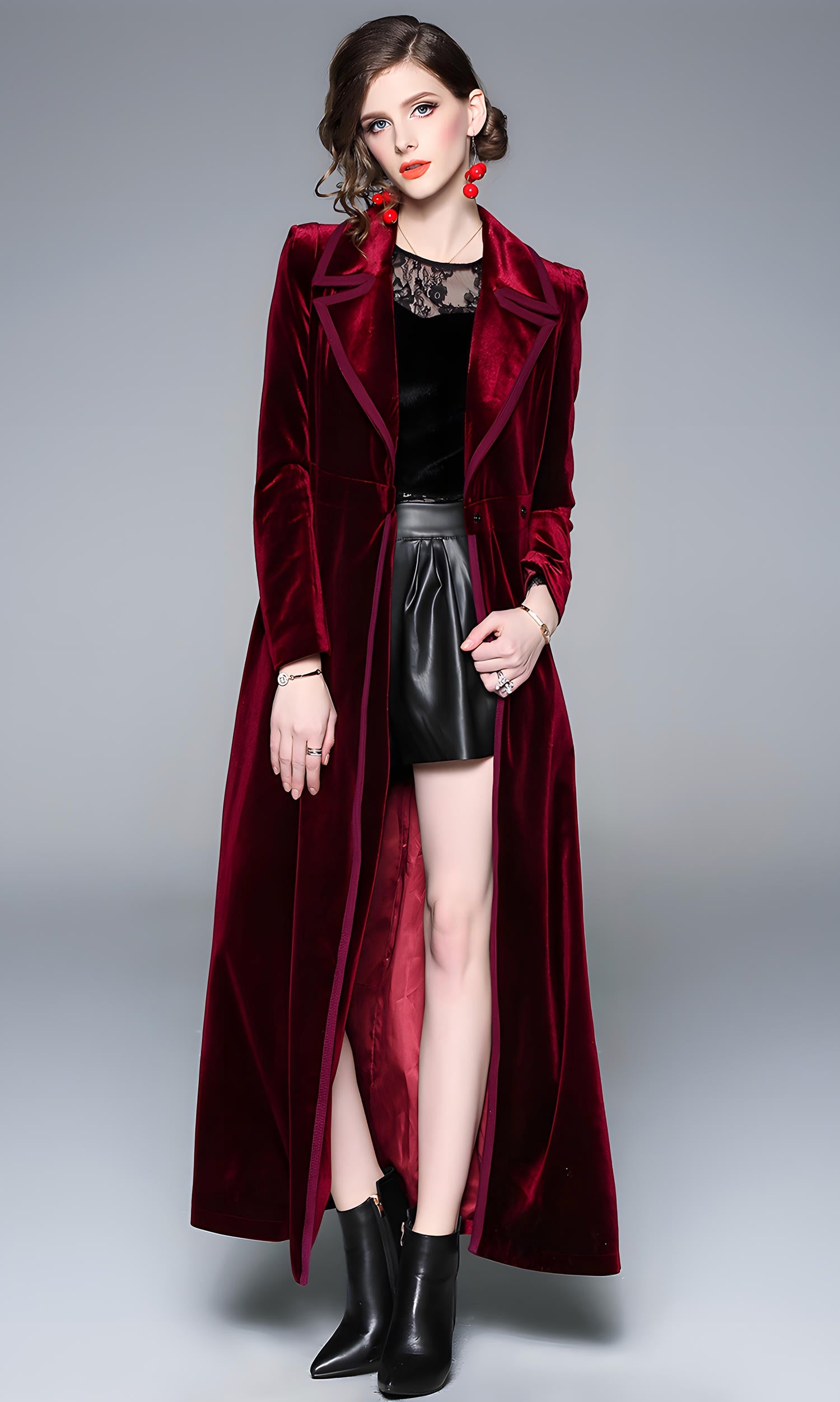 Statement Scarlet Velvet Overcoat with Grand Lapels and Pocket - 606995540252_RED