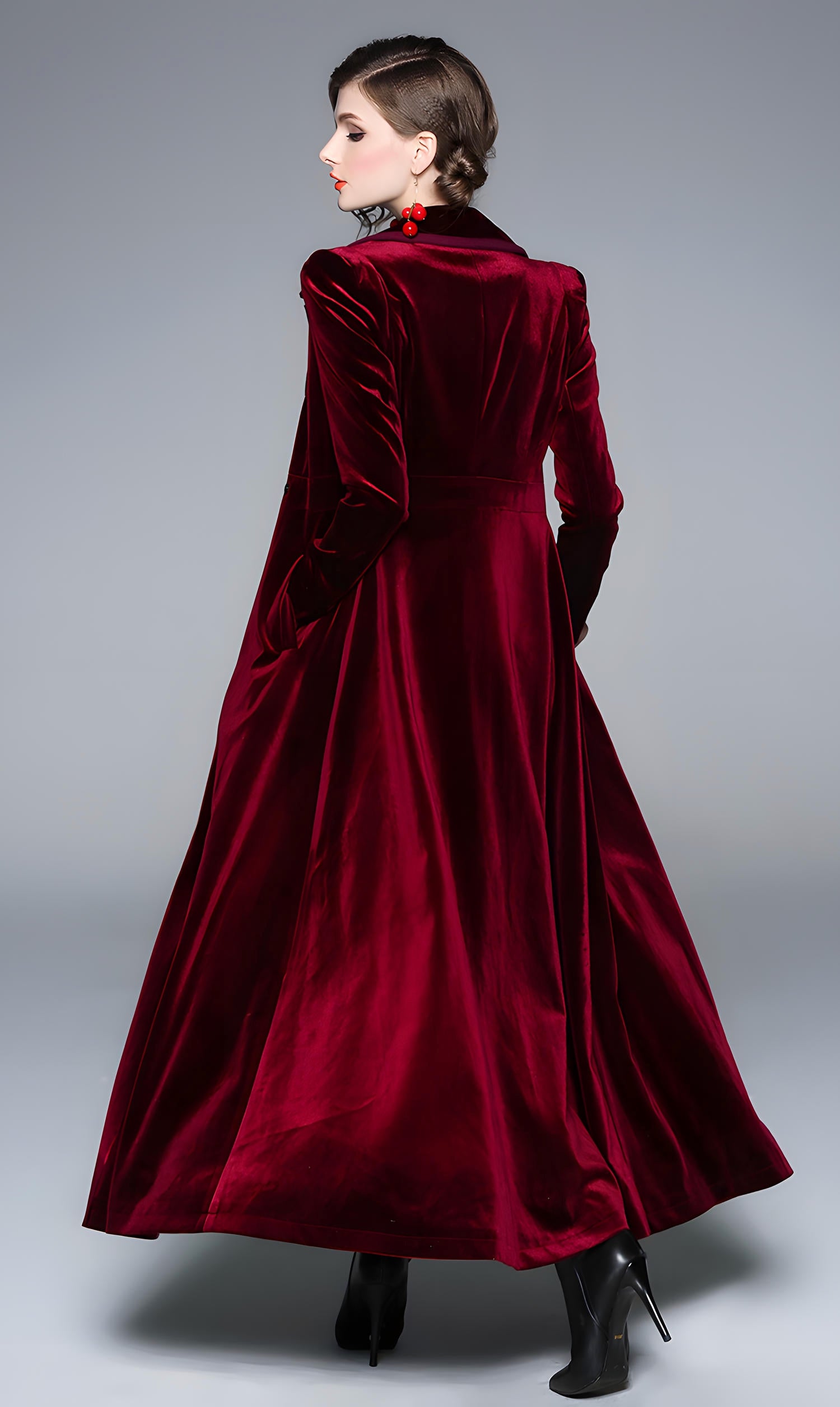 Statement Scarlet Velvet Overcoat with Grand Lapels and Pocket - 606995540252_RED