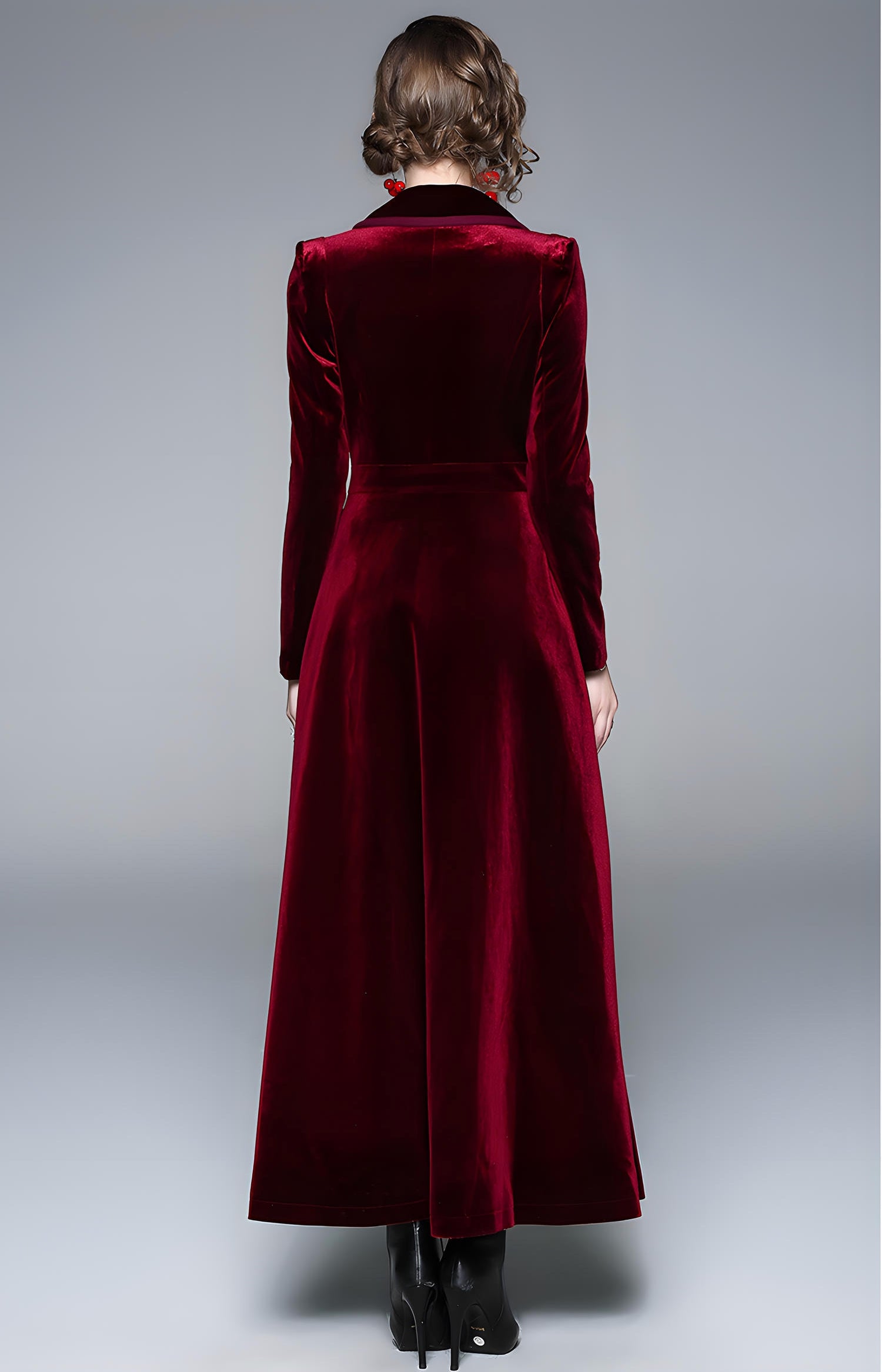 Statement Scarlet Velvet Overcoat with Grand Lapels and Pocket - 606995540252_RED