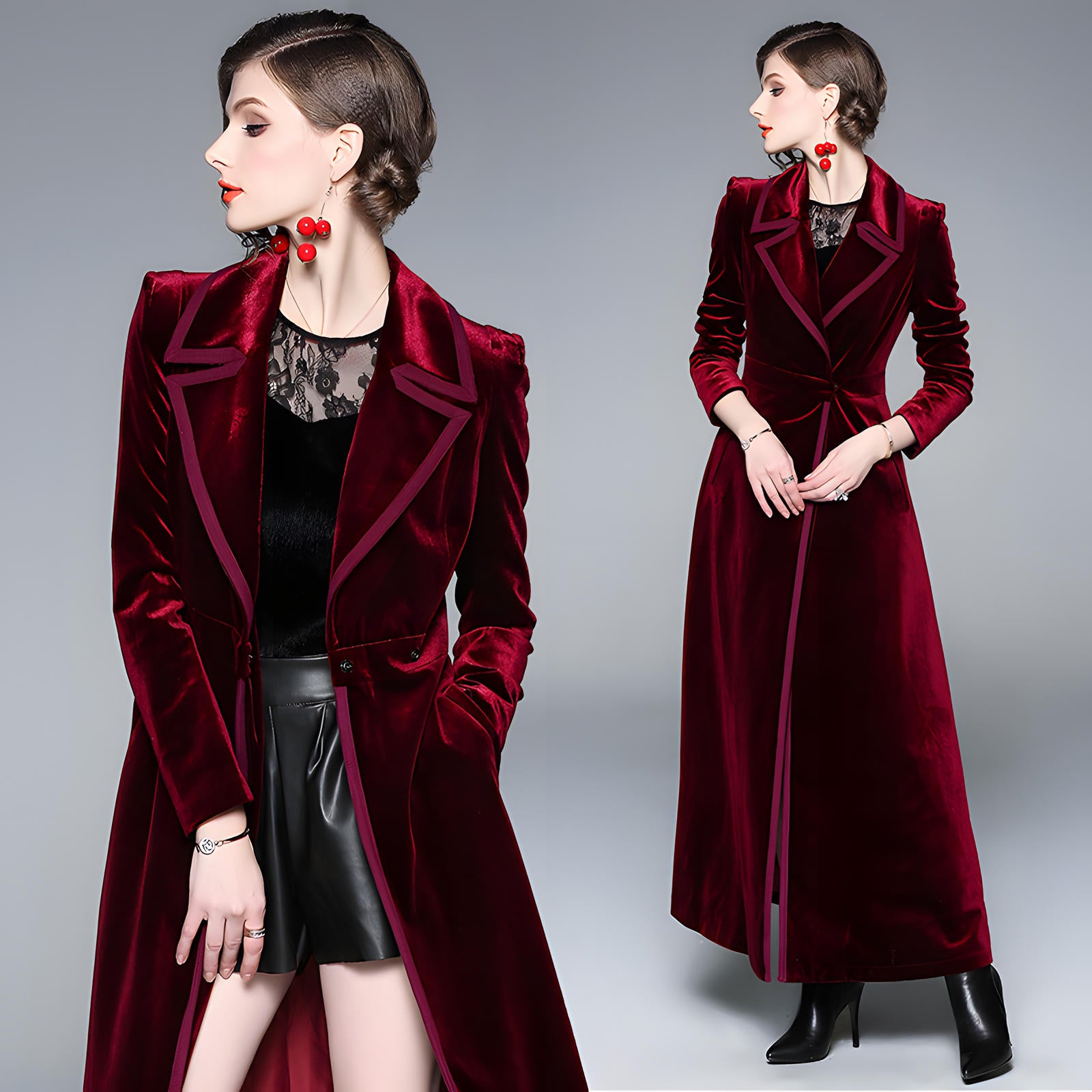 Statement Scarlet Velvet Overcoat with Grand Lapels and Pocket - 606995540252_RED