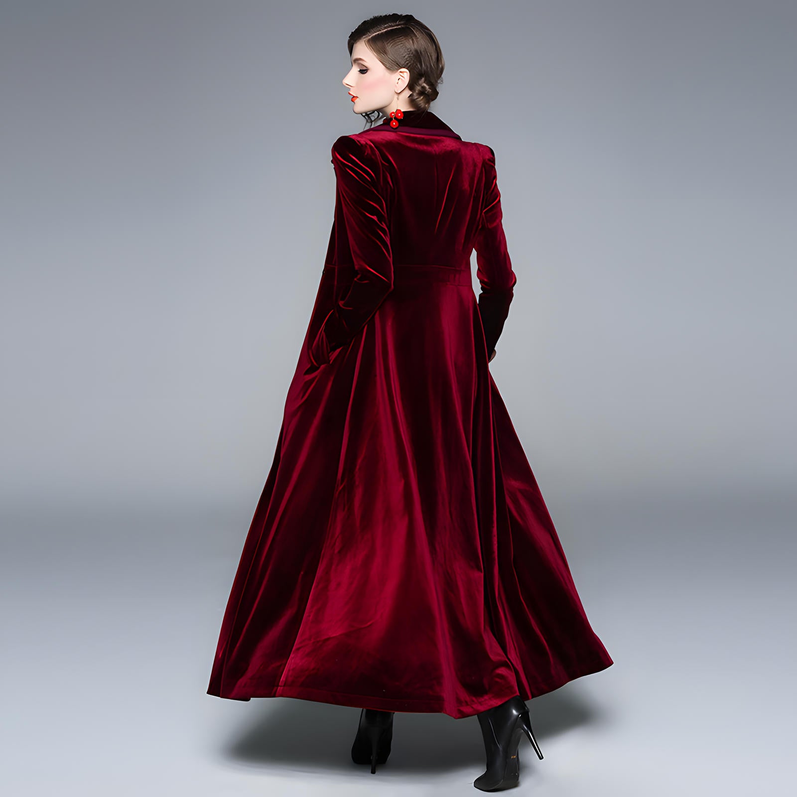 Statement Scarlet Velvet Overcoat with Grand Lapels and Pocket - 606995540252_RED