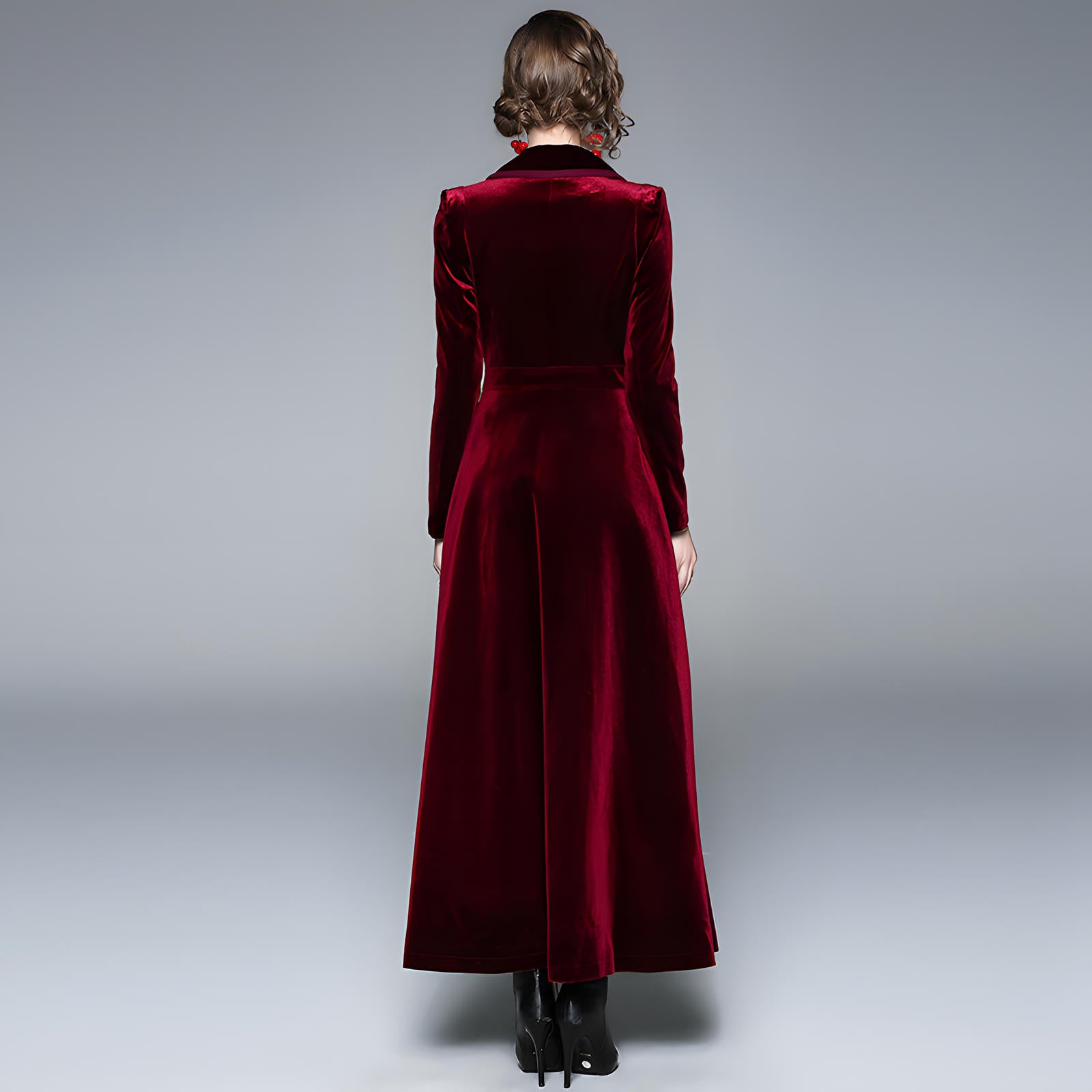 Statement Scarlet Velvet Overcoat with Grand Lapels and Pocket - 606995540252_RED