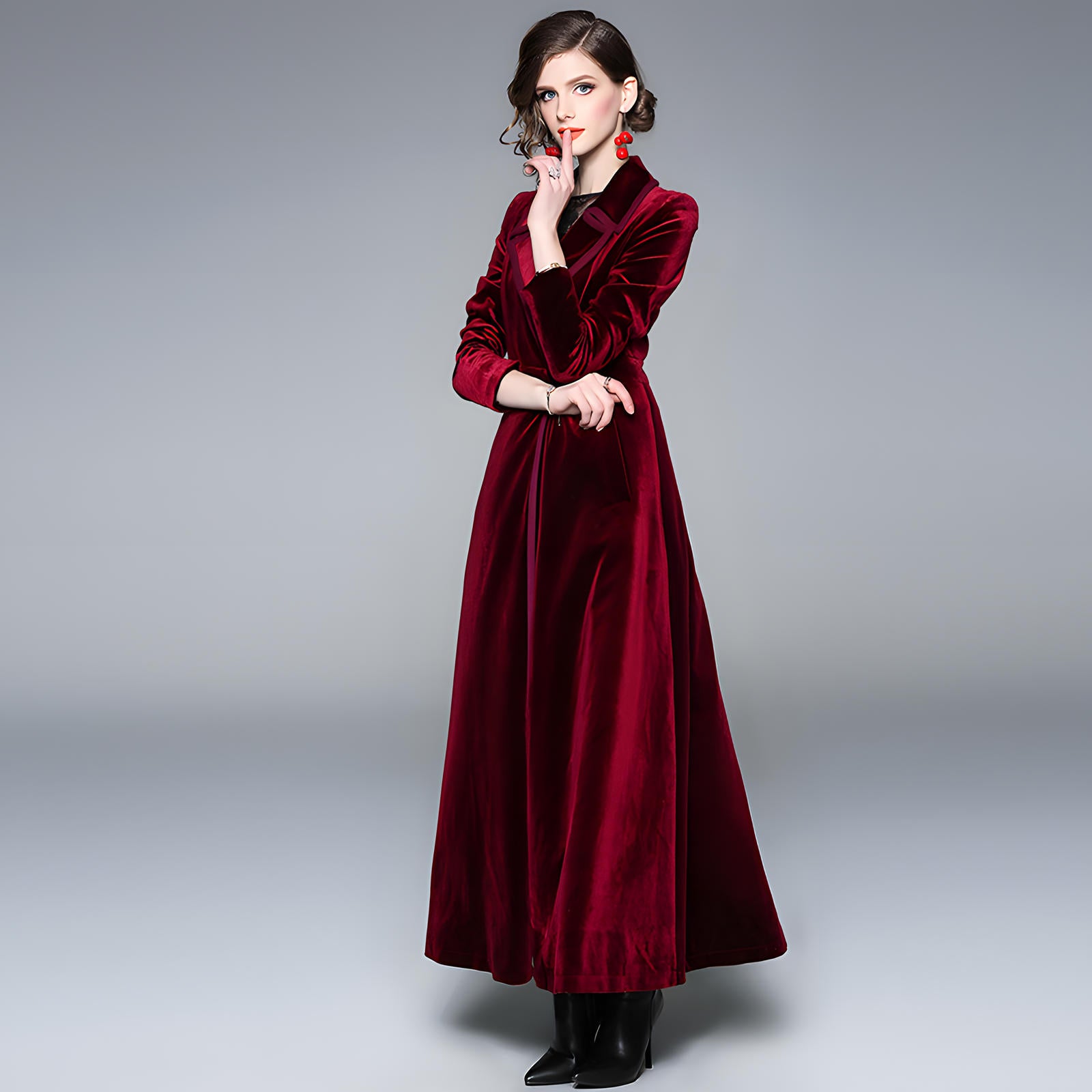 Statement Scarlet Velvet Overcoat with Grand Lapels and Pocket - 606995540252_RED
