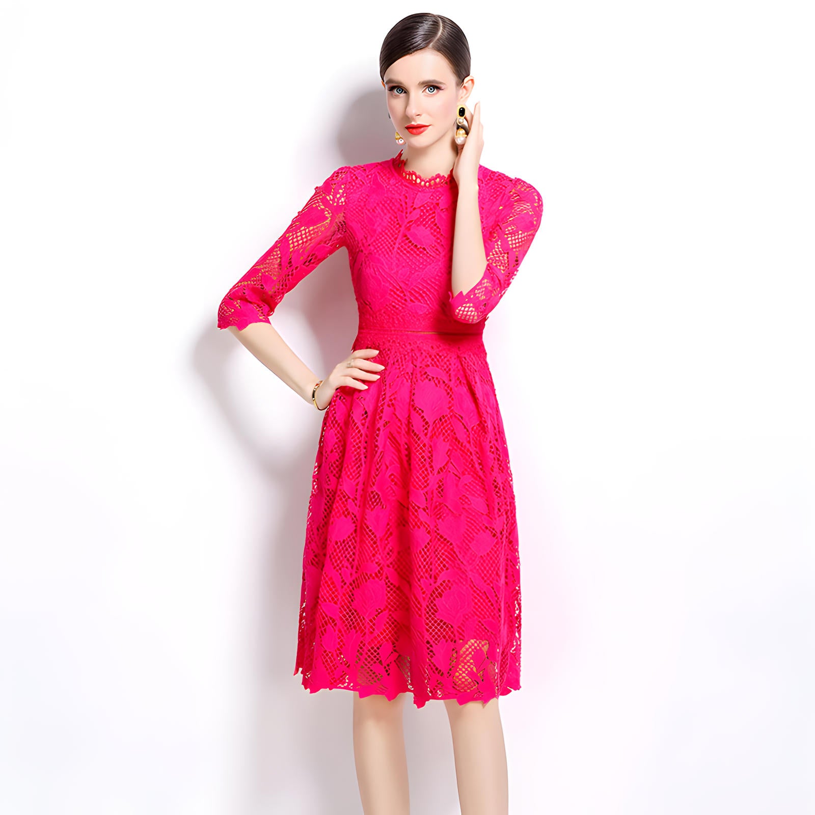French Floral Rose Red Lace Short Dress With Jewel Neckline - 837229480723_ROS
