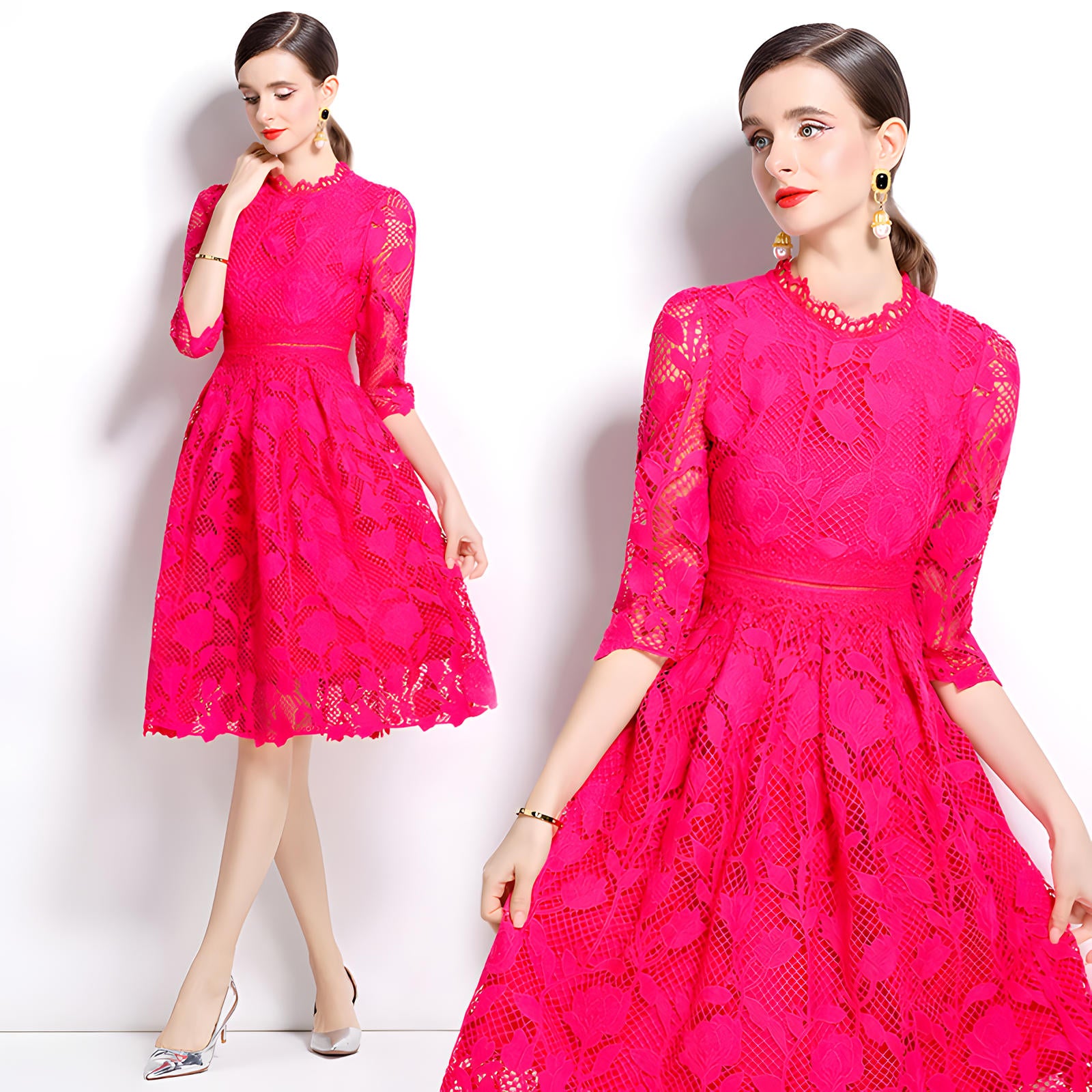 French Floral Rose Red Lace Short Dress With Jewel Neckline - 837229480723_ROS