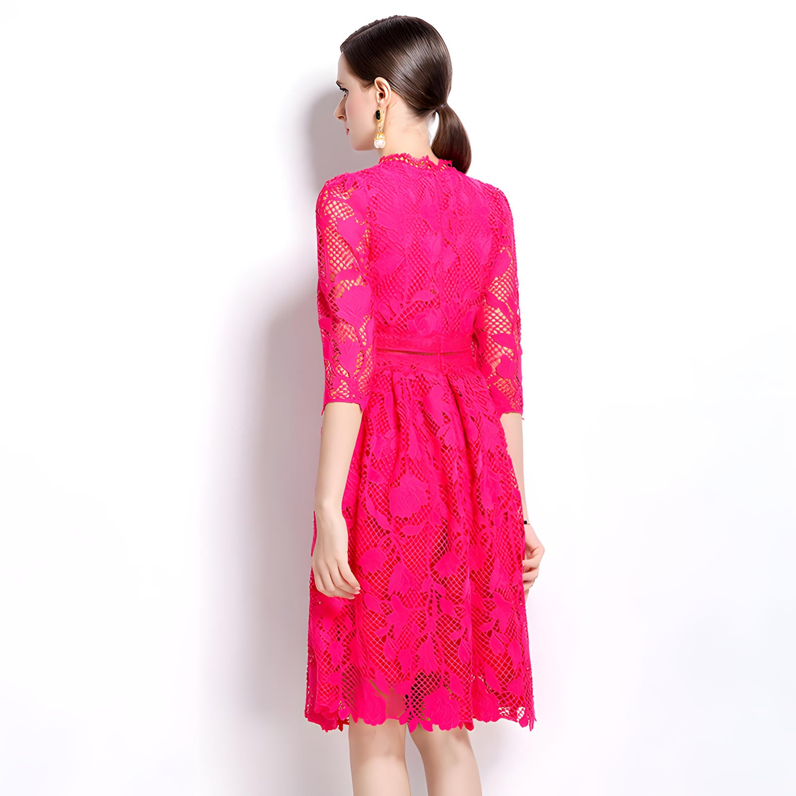 French Floral Rose Red Lace Short Dress With Jewel Neckline - 837229480723_ROS
